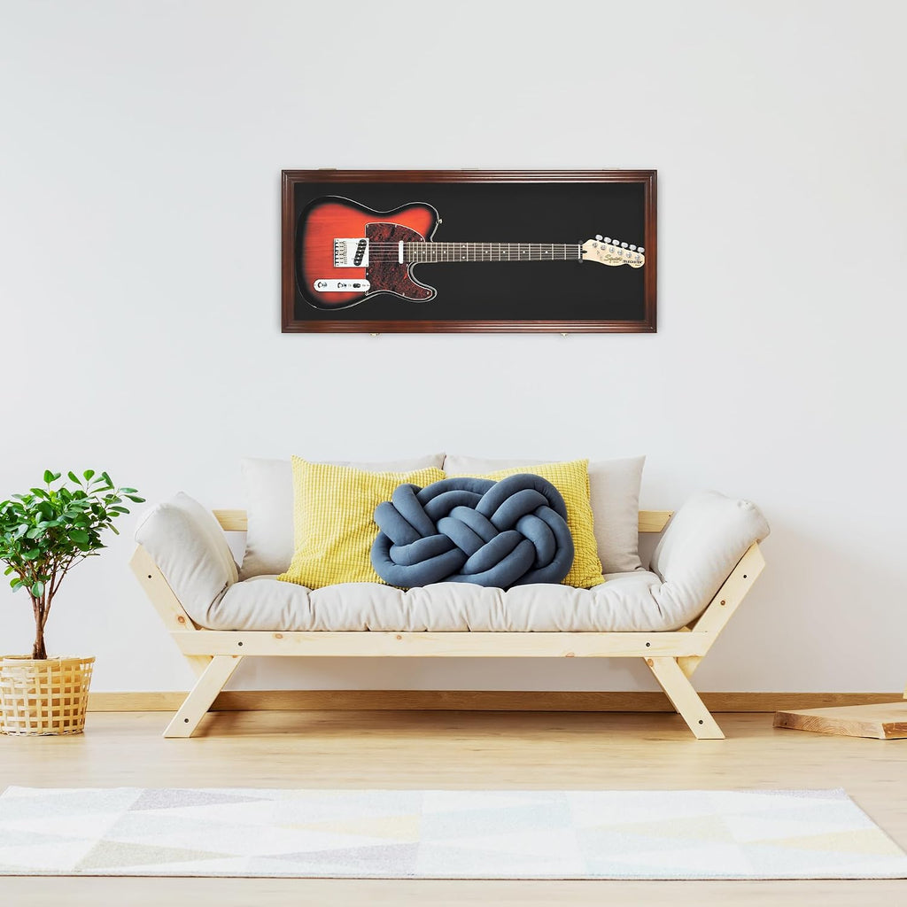 DisplayGifts 42' Electric Guitar Display Case Cabinet Shadow Box with Guitar Hanger Stand, Lockable UV Protection Black Felt Interior with Mahogany Finish Frame