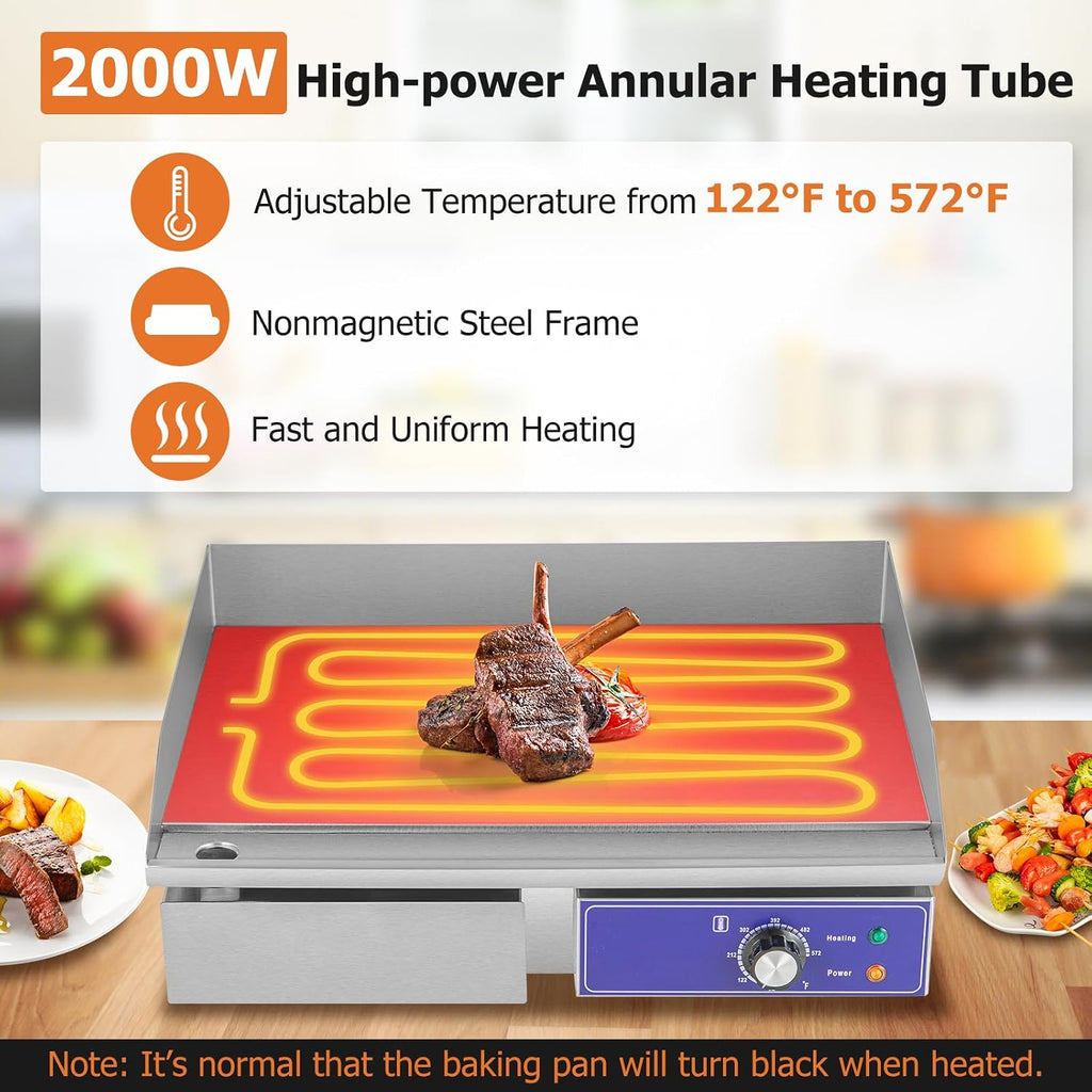 Happygrill 22' Commercial Electric Griddle, Stainless Steel Flat Top Grill w/Adjustable Temperature Control 122℉-572℉, Complete Accessories, 2000 W Electric Countertop Griddle for Kitchen Restaurant