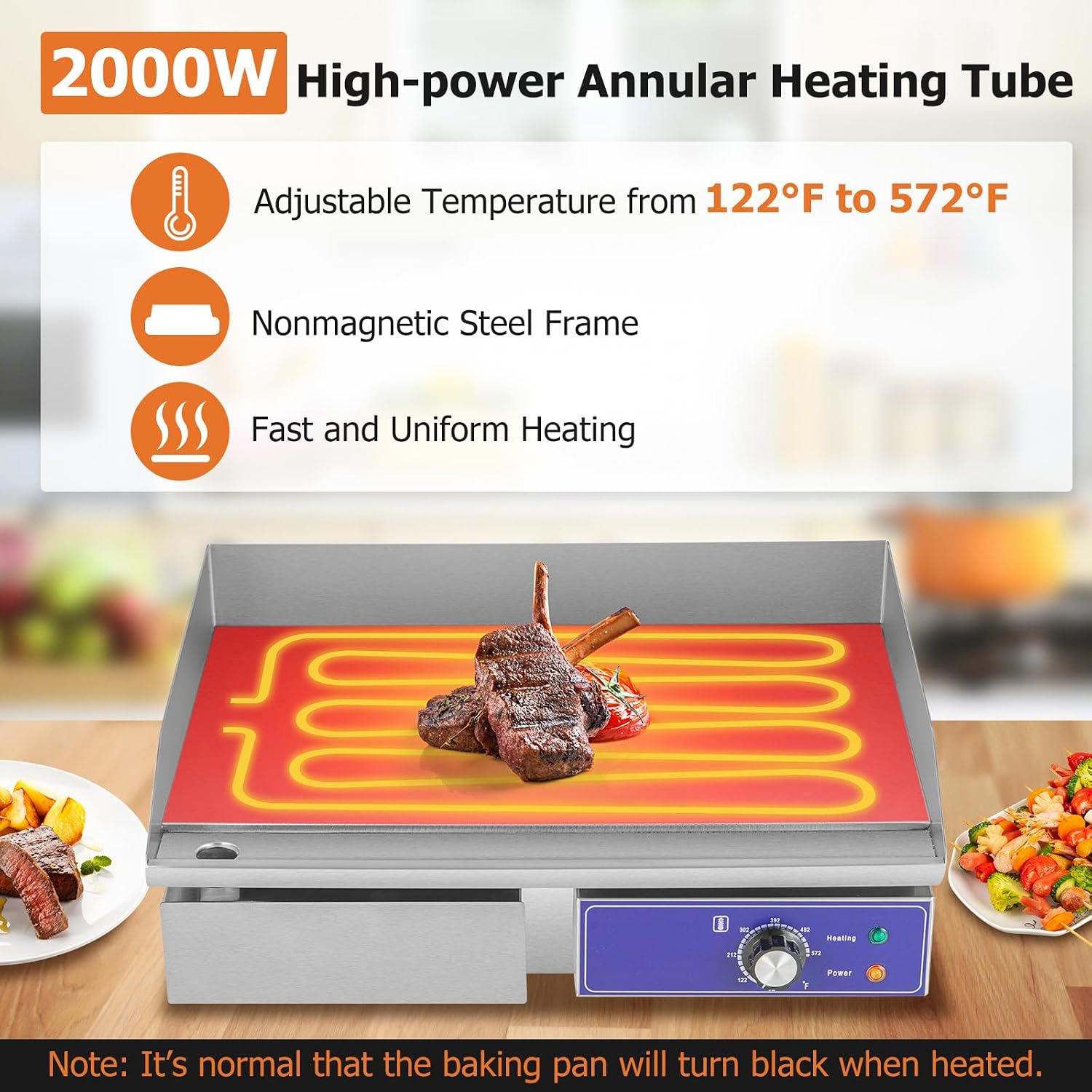 Happygrill 22' Commercial Electric Griddle, Stainless Steel Flat Top Grill w/Adjustable Temperature Control 122℉-572℉, Complete Accessories, 2000 W Electric Countertop Griddle for Kitchen Restaurant