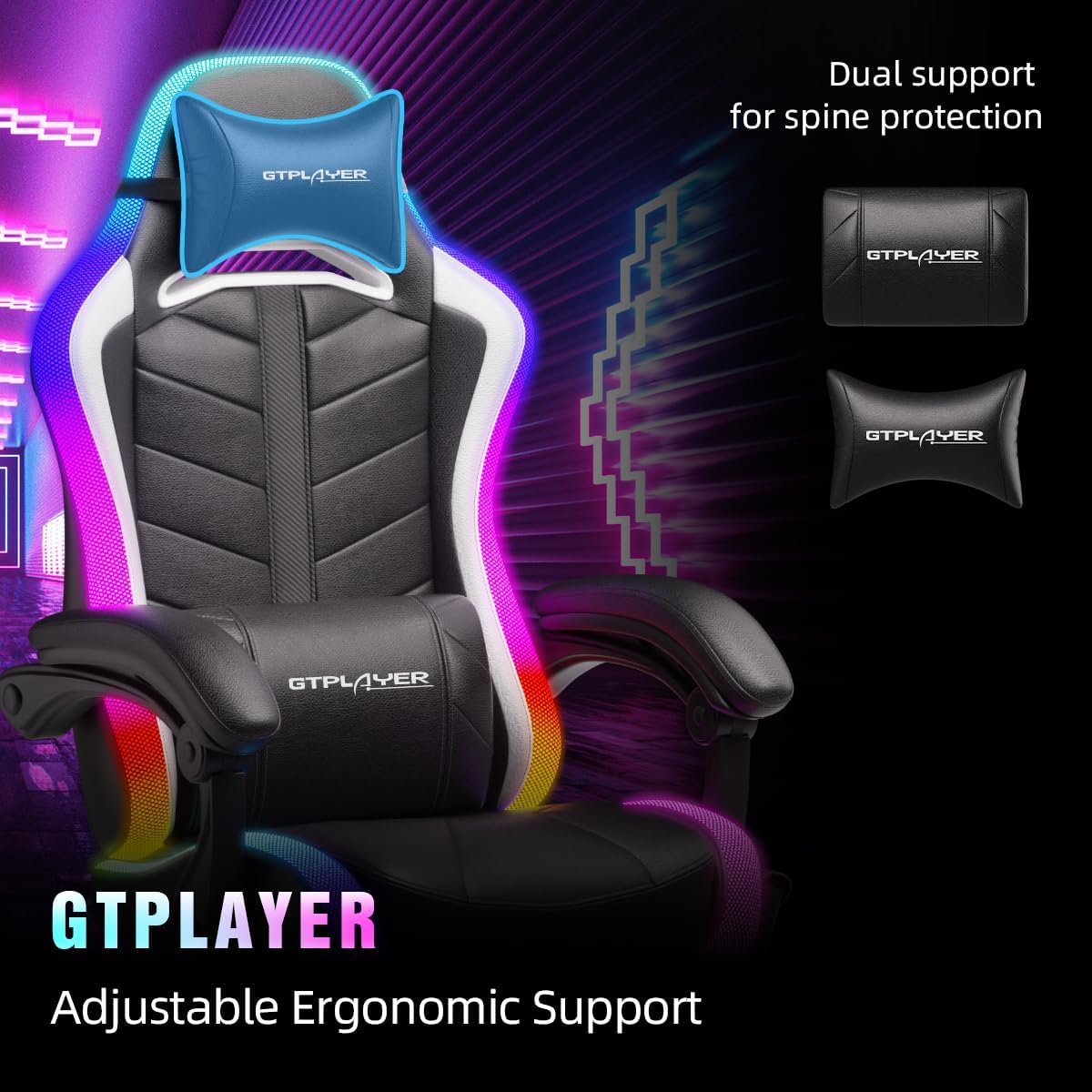 GTPLAYER Gaming Chair, Computer Chair with RGB LED Lights, High Back Ergonomic Chair for Adults with Footrest and Linkage Armrests& Headrest Lumbar Support (Without Bluetooth Speakers)
