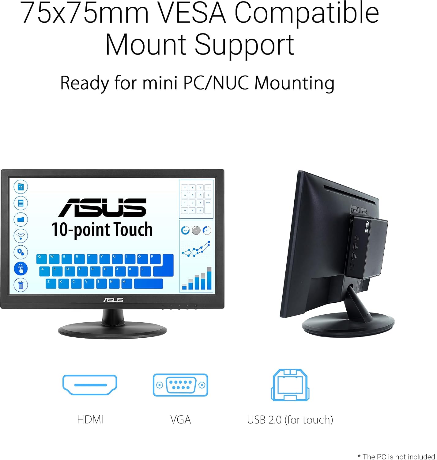 ASUS 15.6' 1080P Touch Monitor (VT169HE) - Full HD, 10-Point Touchscreen, IPS, Wide Viewing Angle, Frameless, Eye Care, Flicker Free, Low Blue Light, HDMI, Windows 11 Compliance, VESA Mountable