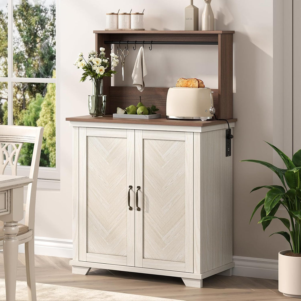 Farmhouse Coffee Bar Cabinet with Charging Station, 31.5' Kitchen Coffee Station, Coffee Bar Table with Storage, Adjustable Shelf and 6 Hooks, Buffet Cabinet for Living Room, Dining Room, White