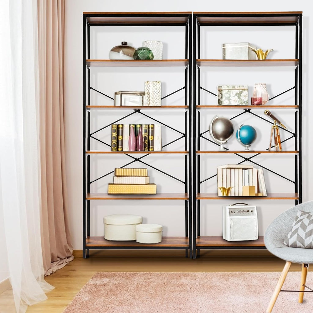 Himimi 6-Tier Bookshelf Set of 2,Tall Bookcase Industrial Wood Storage Rack with Open Book Shelves,Modern Metal Standing Organizer,Vintage Display Rack for Living Room, Office, Bedroom, Rustic Brown