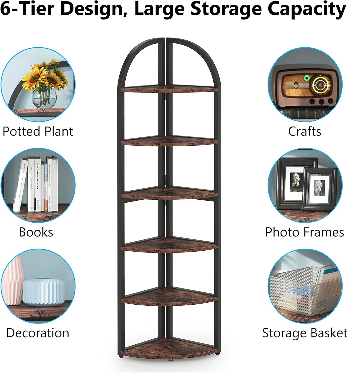 Tribesigns 6 Tier Corner Shelf, 71 inch Tall Corner Bookshelf for Small Space, Rustic Plant Stand Display Rack for Living Room, Home Office, Kitchen
