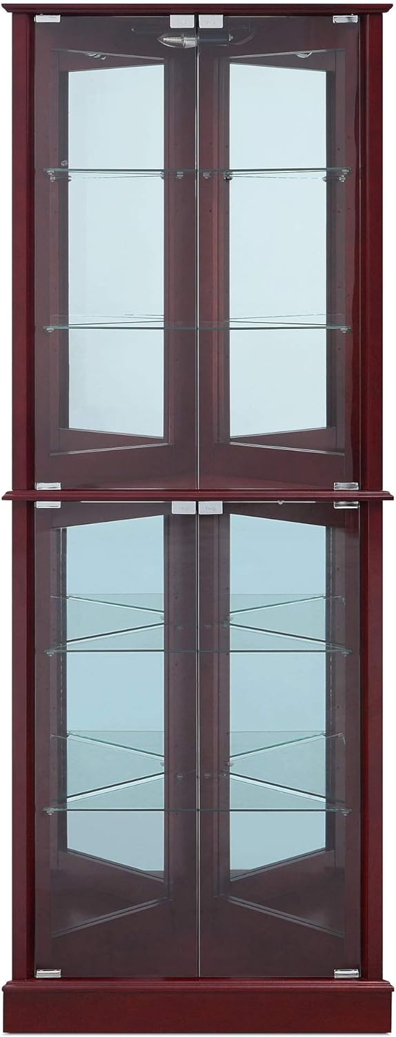 BELLEZE Lighted Corner Display Curio Cabinet Wooden Shelving Unit with Tempered Glass Door, Bar and Liquor Storage Area with 6 Shelves - Woody (Cherry)