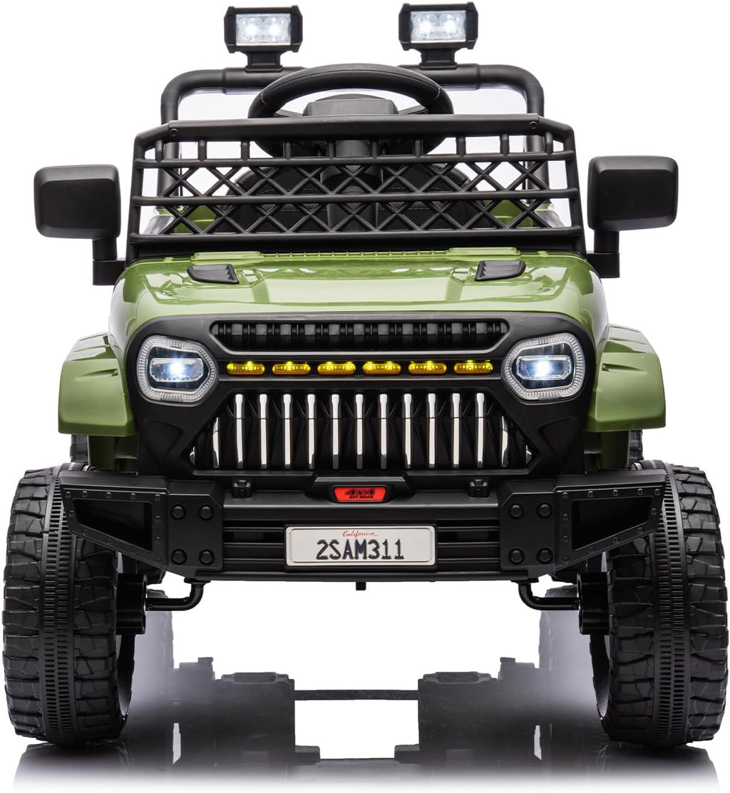 12V Ride On Car for Kids Electric Vehicle Toddlers Battery Powered Truck Car Toy with Remote Control, 4-Wheel Suspension, Battery Display, LED Lights, Music, for Boys Girls, Army Green