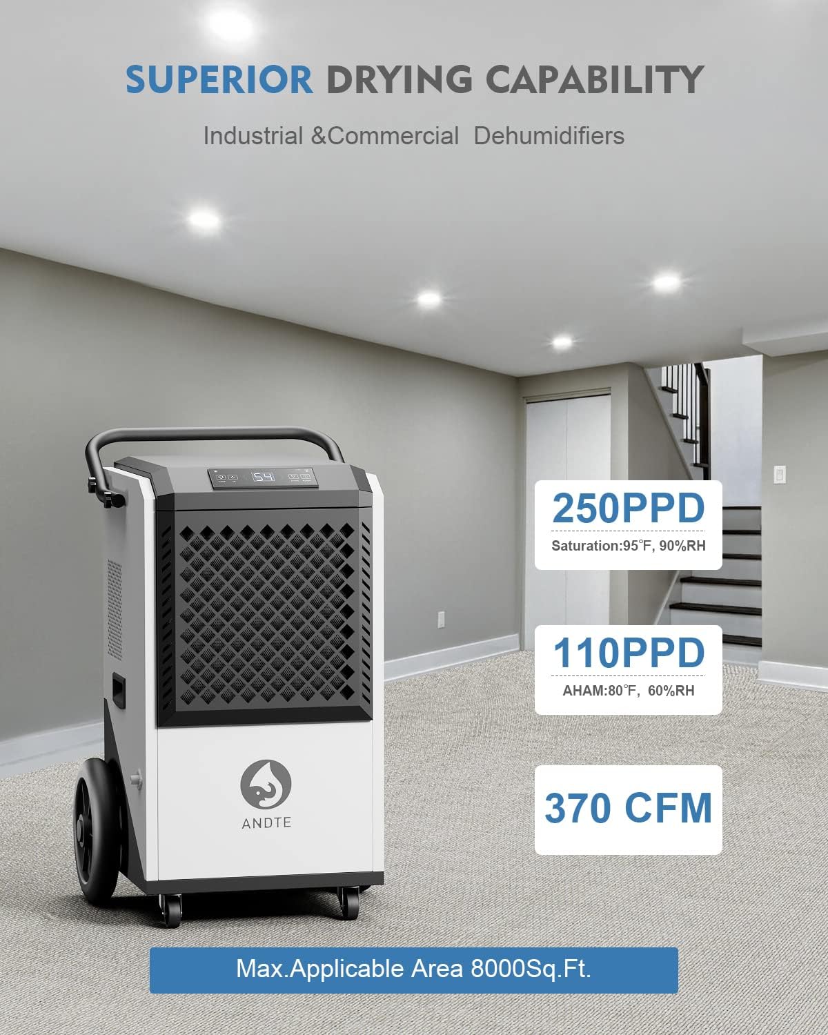 250 Pint Commercial Dehumidifier for Industrial Basement Heavy Duty Commercial-grade Portable Dehumidifiers 8000sqft for Large Spaces,Warehouse Grow Room, Water Damage Restoration