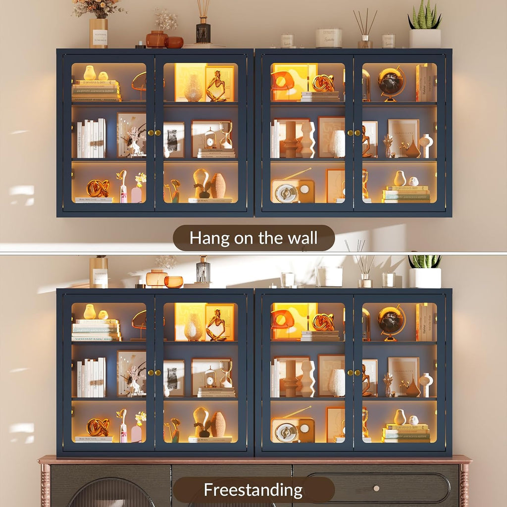 Bathroom Wall Cabinet with 13-Color Light, Wall Mounted 3-Sided Glass Display Cabinet with Adjustable Shelves, Floating Metal Medicine Storage Cabinet for Kitchen Living Room - Blue