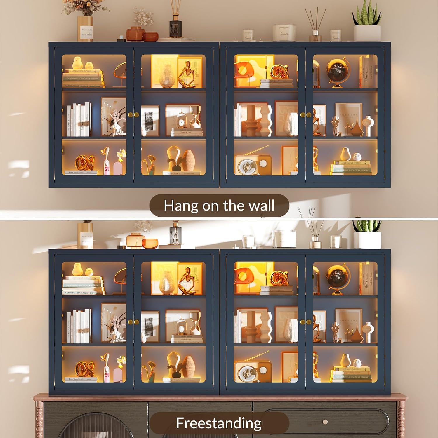Bathroom Wall Cabinet with 13-Color Light, Wall Mounted 3-Sided Glass Display Cabinet with Adjustable Shelves, Floating Metal Medicine Storage Cabinet for Kitchen Living Room - Blue