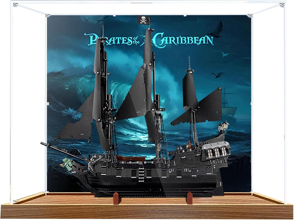 Acrylic Display Case for Lego 10365 Black Pearl Pirate Ship Model, 3mm Dustproof Display Box, Display Case Compatible with Lego 10365 (Model Not Included) (Background Wooden Base)