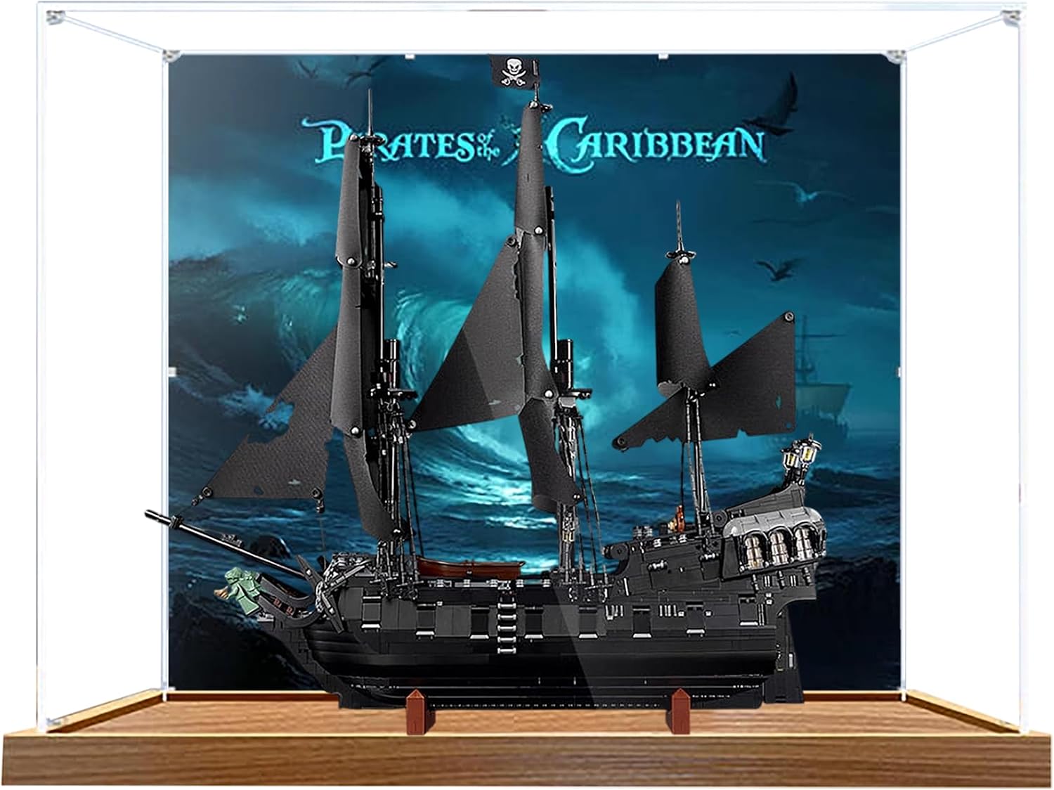 Acrylic Display Case for Lego 10365 Black Pearl Pirate Ship Model, 3mm Dustproof Display Box, Display Case Compatible with Lego 10365 (Model Not Included) (Background Wooden Base)