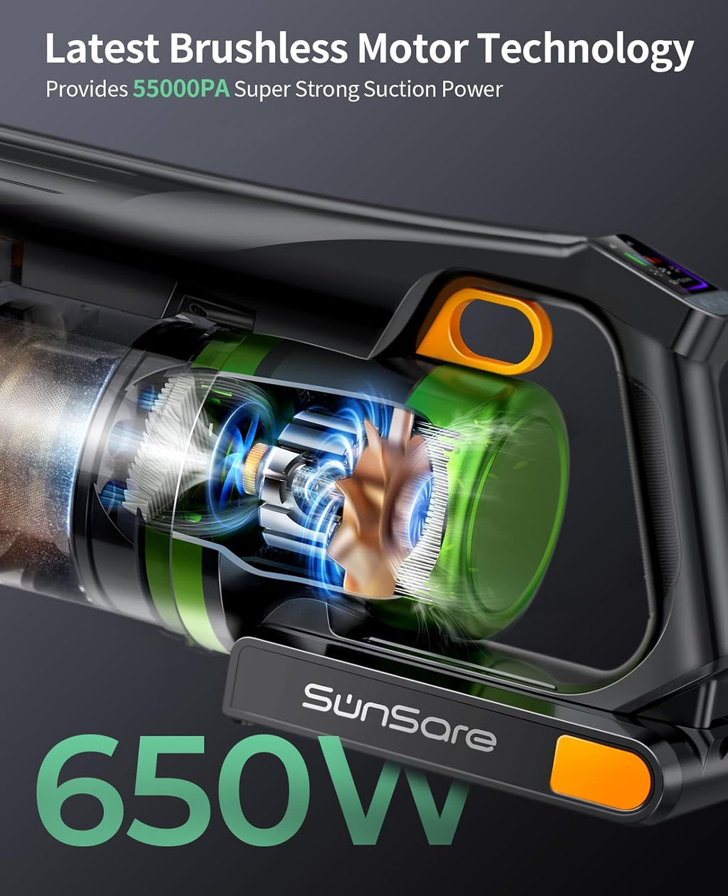 SunSare Cordless Vacuum Cleaner, 55KPa 650W 70Mins Vacuum Cleaner for Home, V-Anti-Tangle Stick Vacuum with Scented Tablet, Upgraded dust Emptying Cup, Vacuum Cordless for Pet Hair/Carpet/Floors