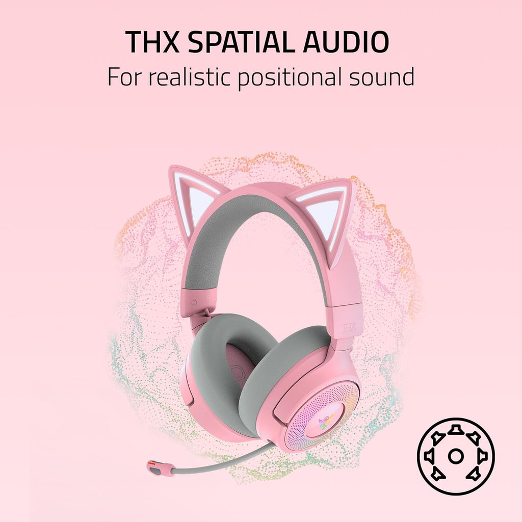 Razer Kraken Kitty V3 Pro Wireless RGB Gaming Headset: Chroma RGB Kitty Ears - 2.4 GHz, Bluetooth 5.3, USB A - Super Wideband Mic - 40mm Drivers - THX Spatial Audio - Comfortable Ear Cushions - Pink