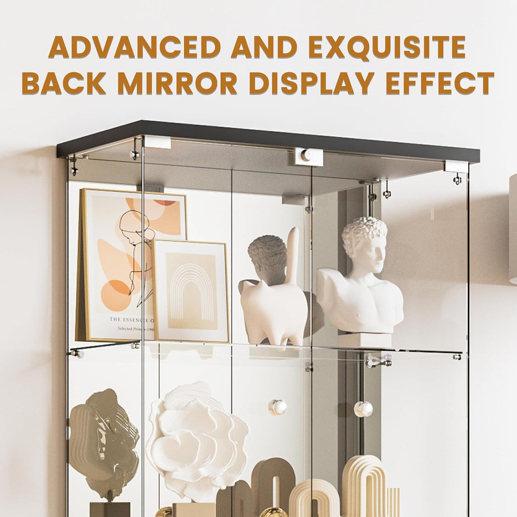 Glass Display Cabinet 4-Shelf with Door, Lock and Mirror,4mm Tempered Glass Floor-to-Ceiling Glass Bookcase for Bedroom, Living Room, Black