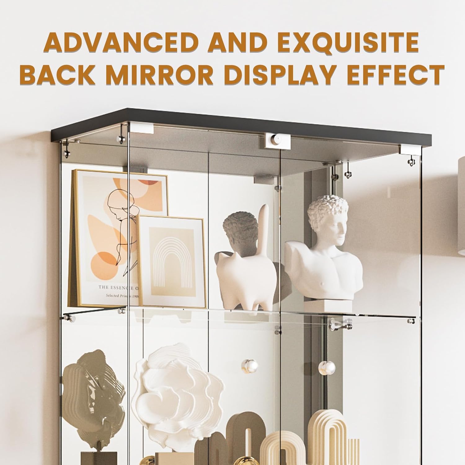 Glass Display Cabinet 4-Shelf with Door, Lock and Mirror,4mm Tempered Glass Floor-to-Ceiling Glass Bookcase for Bedroom, Living Room, Black