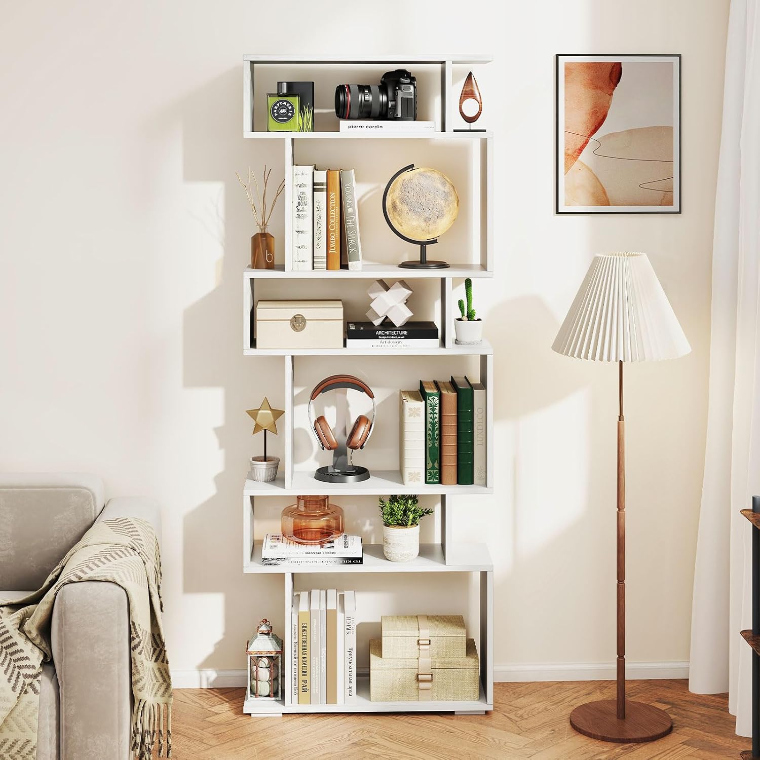 Giantex 6-Tier Geometric Bookshelves Set of 2, S-Shaped Bookcase with 2 Anti-Tipping Kits, Wooden Display Shelf, Decorative Storage Shelving Unit, Home Storage Organizer for Office Living Room, White