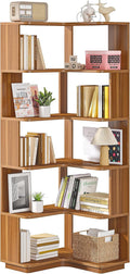 LITTLE TREE 6-Shelf Corner Bookshelf, 65' Tall L Shaped Bookcase, 6-Tier Industrial Corner Shelf Storage Display Rack for Living Room Home Office, Wood Grain Walnut