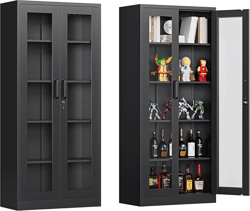 Display Cabinet with Glass Doors, Display Case Cabinet for Collectibles, Curio Display Cabinet with 4 Adjustable Shelves, 71'' Glass Display Cabinet for Home Office (Black), MSC-0818