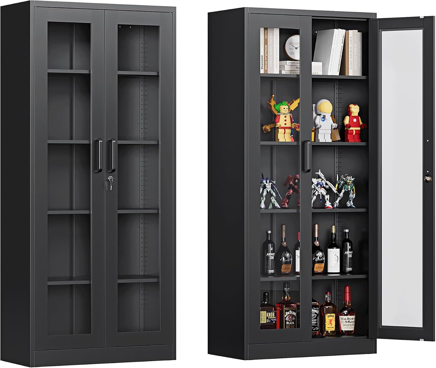 Display Cabinet with Glass Doors, Display Case Cabinet for Collectibles, Curio Display Cabinet with 4 Adjustable Shelves, 71'' Glass Display Cabinet for Home Office (Black), MSC-0818