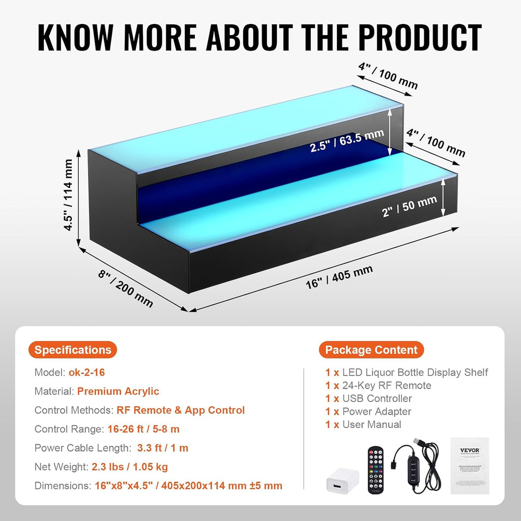 VEVOR LED Lighted Liquor Bottle Display, 2 Tiers 16 Inch Commercial Illuminated Home Bar Shelf, 2 Steps Whiskey Rack Stand, Acrylic Drink Shelves with RF Remote & App Control, and Multicolor Light