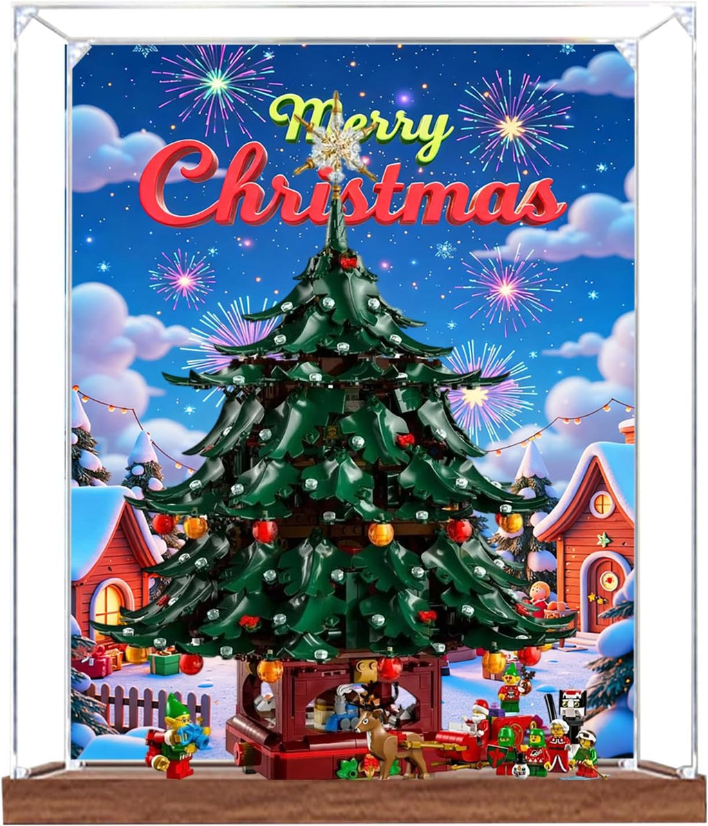 Acrylic Display Case for Lego 41843 Family Christmas Tree Building Set– Dustproof Display Box & Showcase, Display Box Compatible with Lego 41843 -Only Display case (Back Spray Wooden Base 1)