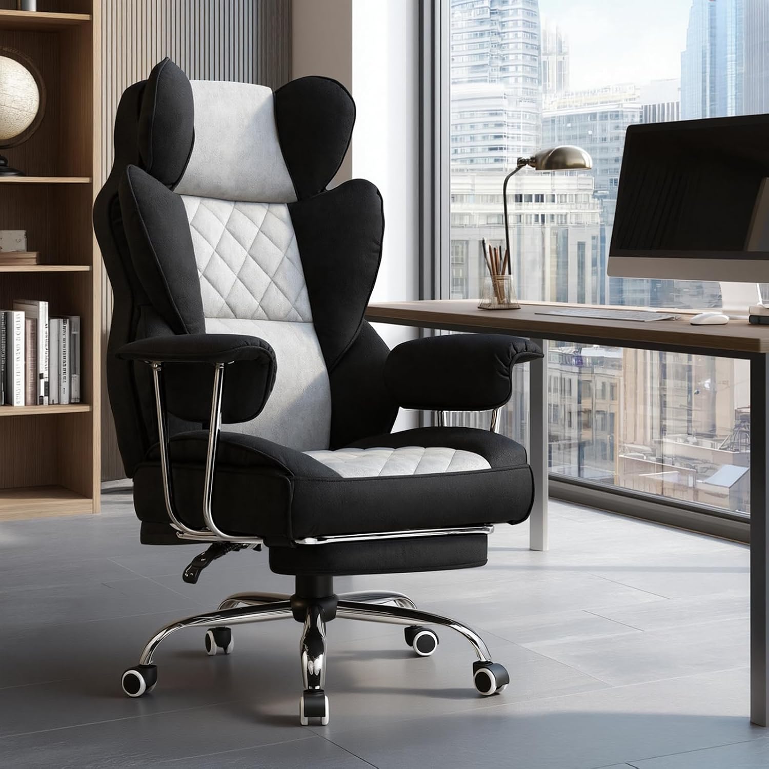 GTPLAYER Gaming Chair,Office Chair with Pocket Spring Lumbar Support, Ergonomic Comfortable Wide Office Desk Computer Chair with Outward Fixed Soft Armrests and Footrest (Fabric, Black & Gray)