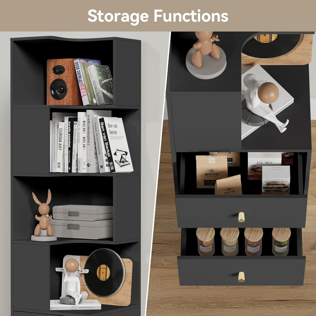 ARTETHYS Corner Shelf with Light 5-Tier Black Storage Cabinet with Drawers Modern Tall Bookshelf Stand for Living Room