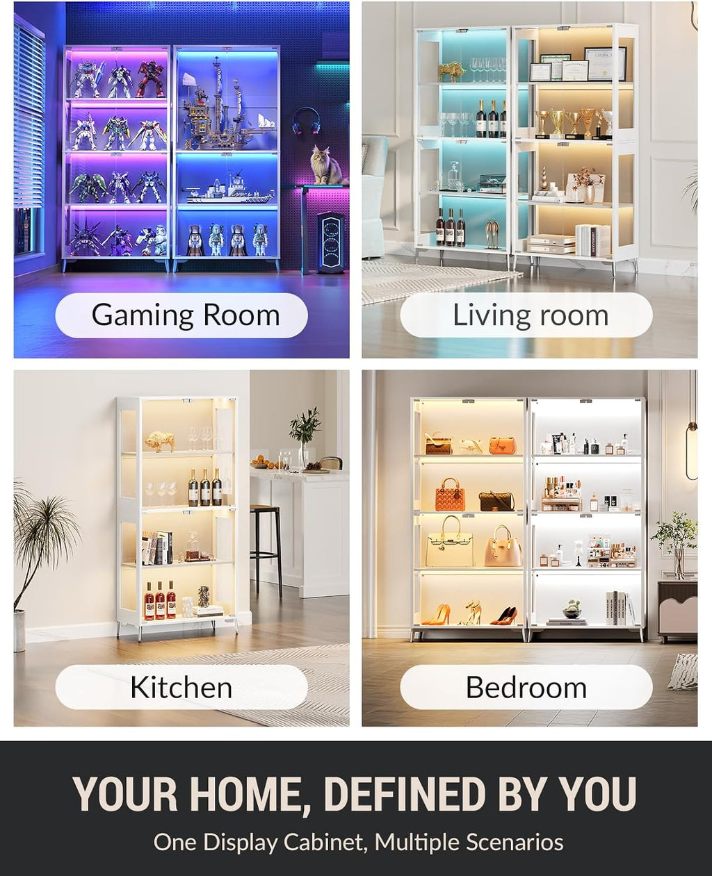 Display Cabinet with Glass Doors, 4-Tier Curio Cabinet, Adjustable Shelves, 60,000 Color Lights for Collectibles, Glass Display Case with App & Remote Control, Bookcase, Storage Cabinet, White