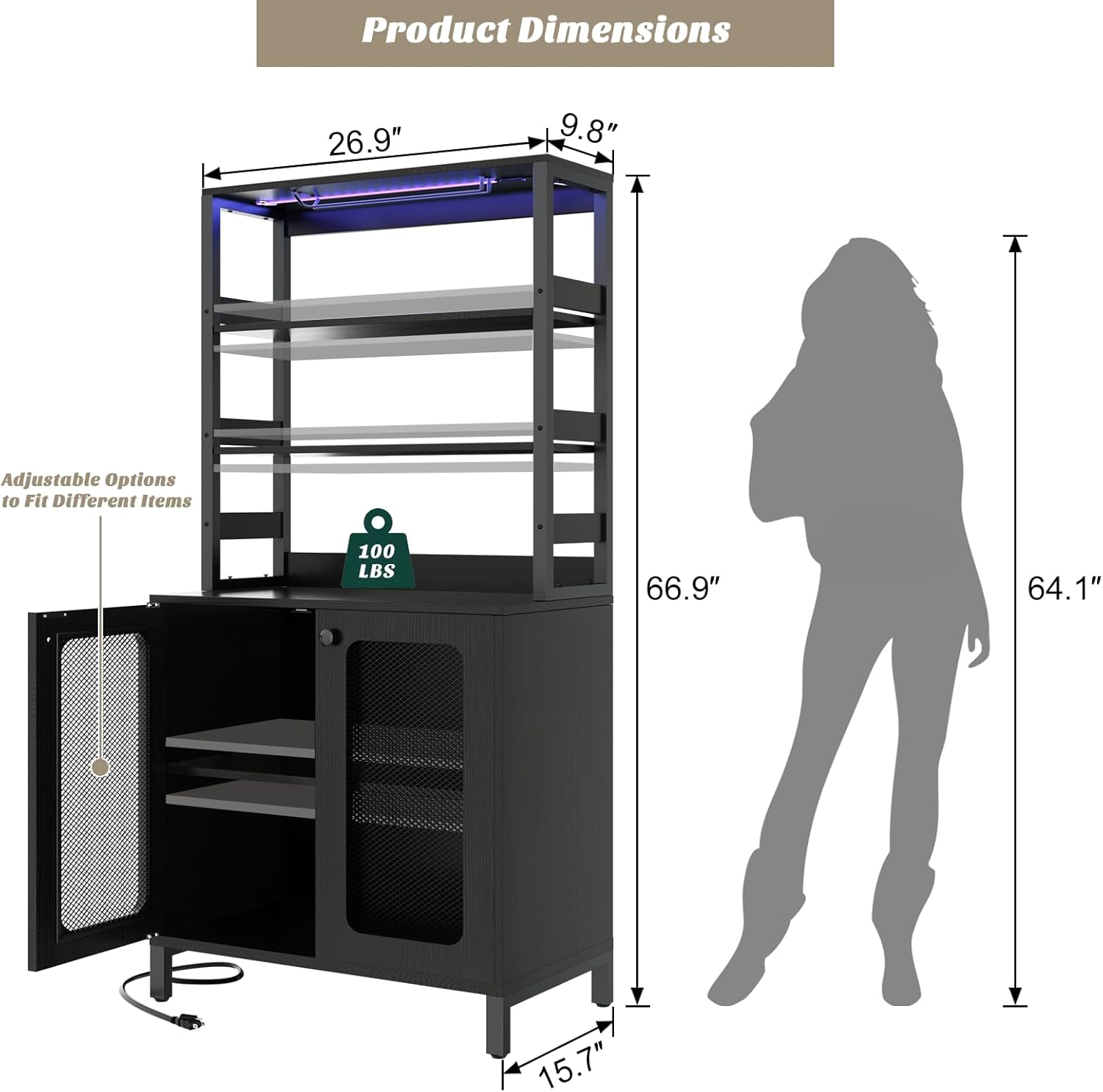 Aheaplus Bar Cabinet with Power Outlets, 67' Tall Wine Bar Cabinet Liquor Cabinets with LED Lights and Glass Holder, Coffee Bars Station for Living Room, Microwave Stand Bakers Rack Cabinets, Black