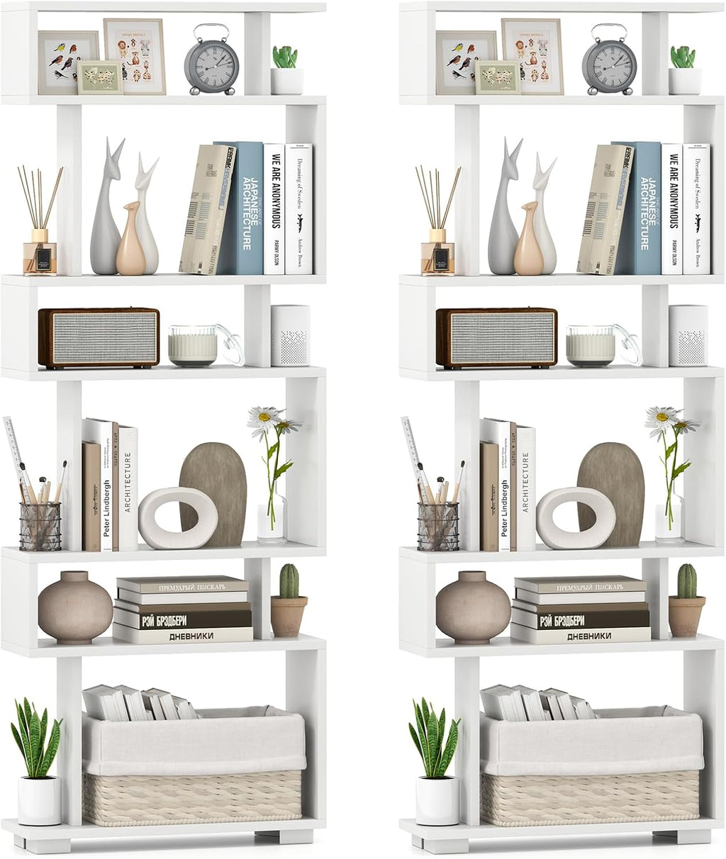 Giantex 6-Tier Geometric Bookcase Set of 2, 64' Tall S-Shaped Bookshelf w/Anti-Tipping Kit, Wood Freestanding Decorative Storage Display Shelves for Living Room, Bedroom & Home Office, White