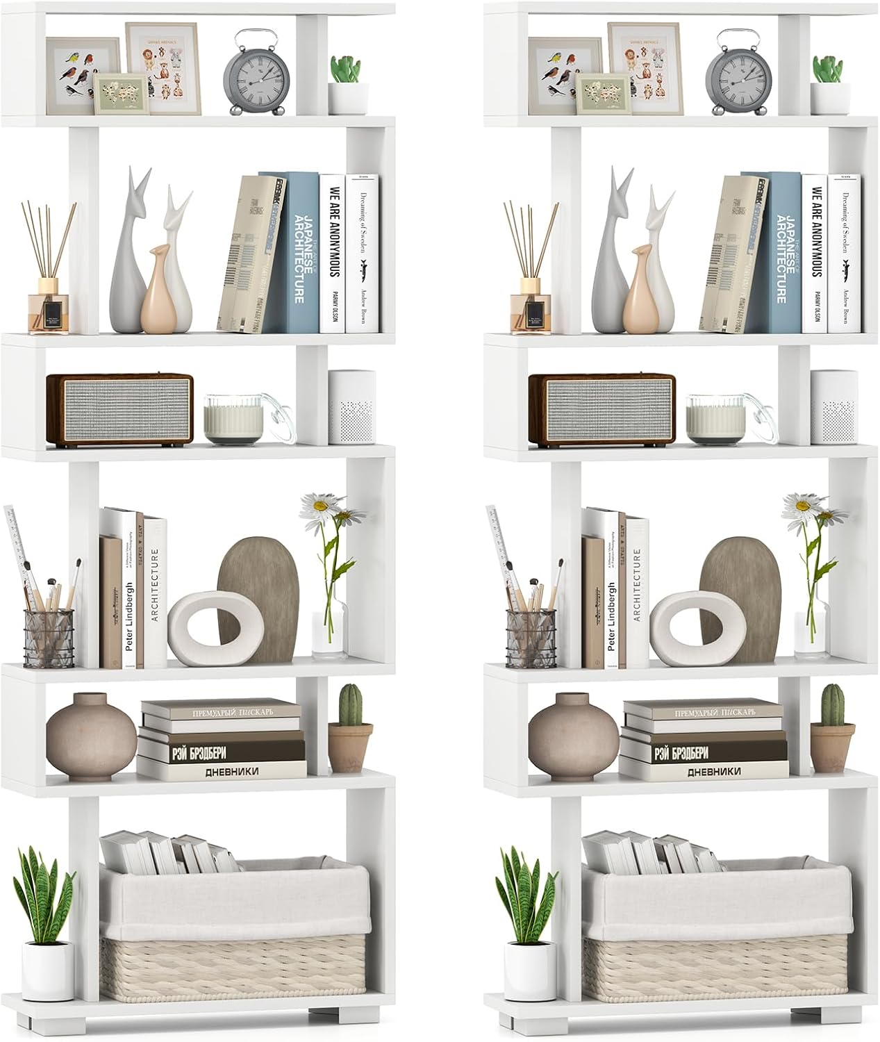 Giantex 6-Tier Geometric Bookcase Set of 2, 64' Tall S-Shaped Bookshelf w/Anti-Tipping Kit, Wood Freestanding Decorative Storage Display Shelves for Living Room, Bedroom & Home Office, White