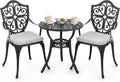 NUU GARDEN 3-Piece Outdoor Bistro Set, Cast Aluminum Patio Bistro Table and Chairs with Umbrella Hole and Grey Cushions, Bistro Set for Patio and Backyard, Black