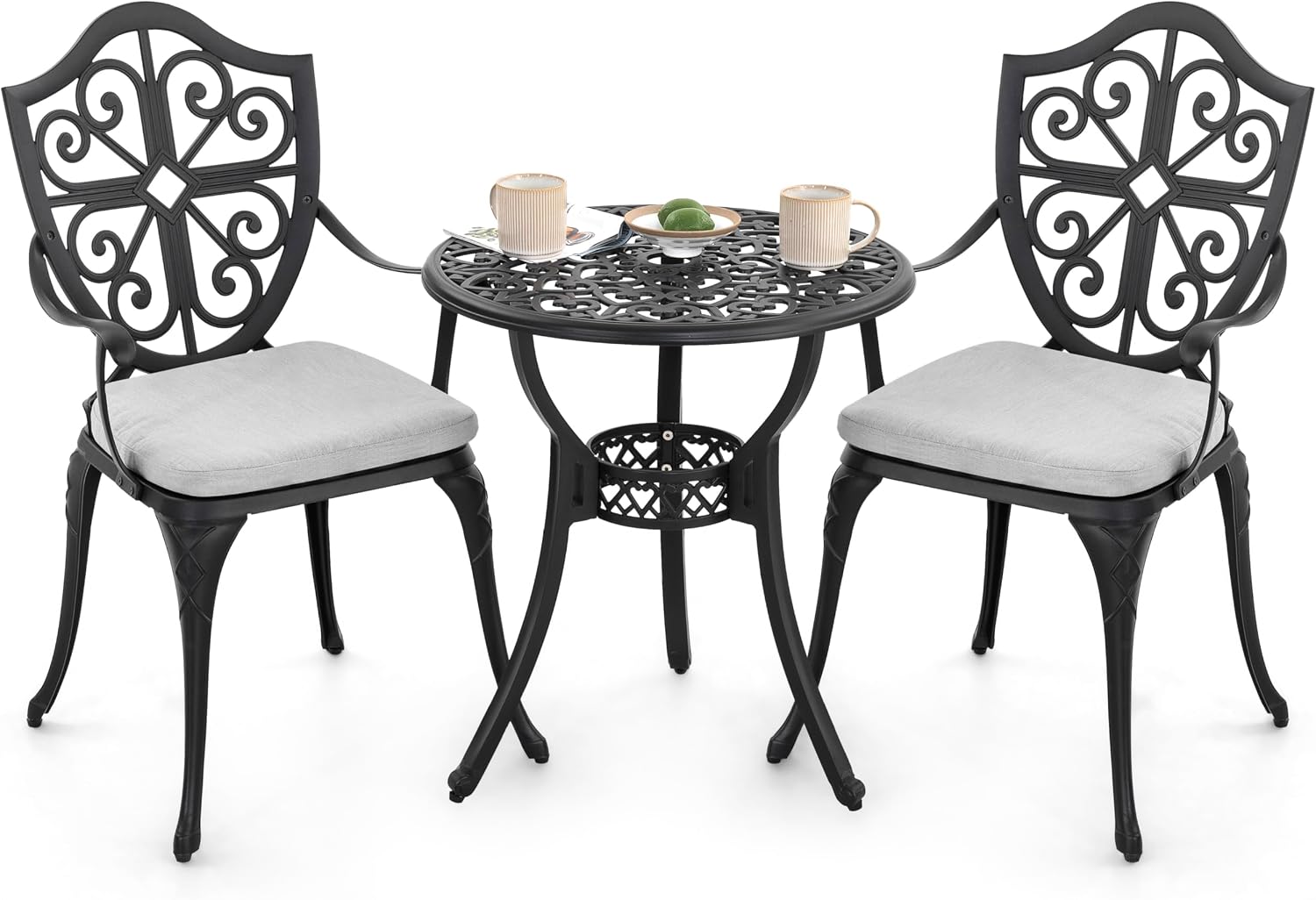 NUU GARDEN 3-Piece Outdoor Bistro Set, Cast Aluminum Patio Bistro Table and Chairs with Umbrella Hole and Grey Cushions, Bistro Set for Patio and Backyard, Black