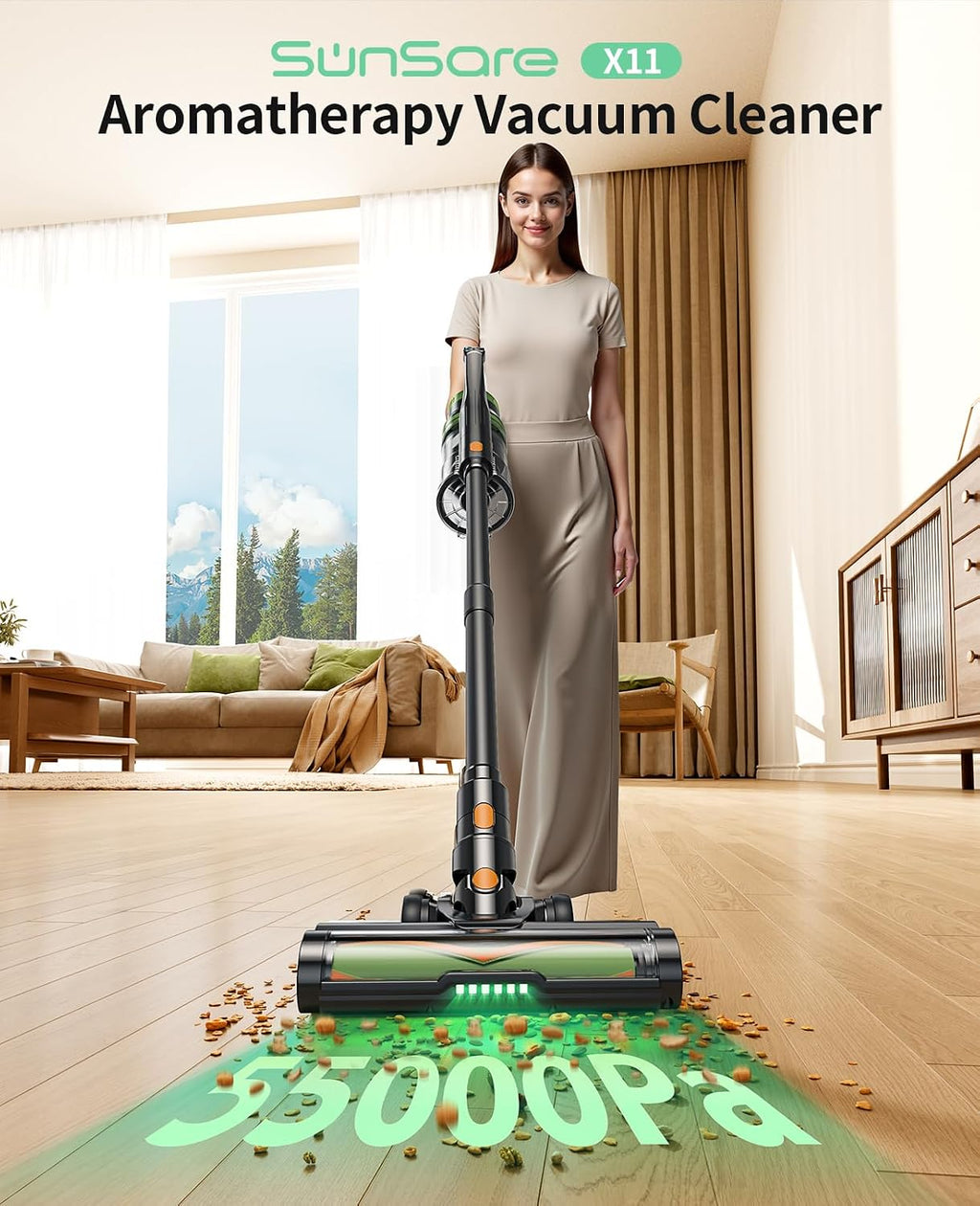 SunSare Cordless Vacuum Cleaner, 55KPa 650W 70Mins Vacuum Cleaner for Home, V-Anti-Tangle Stick Vacuum with Scented Tablet, Upgraded dust Emptying Cup, Vacuum Cordless for Pet Hair/Carpet/Floors