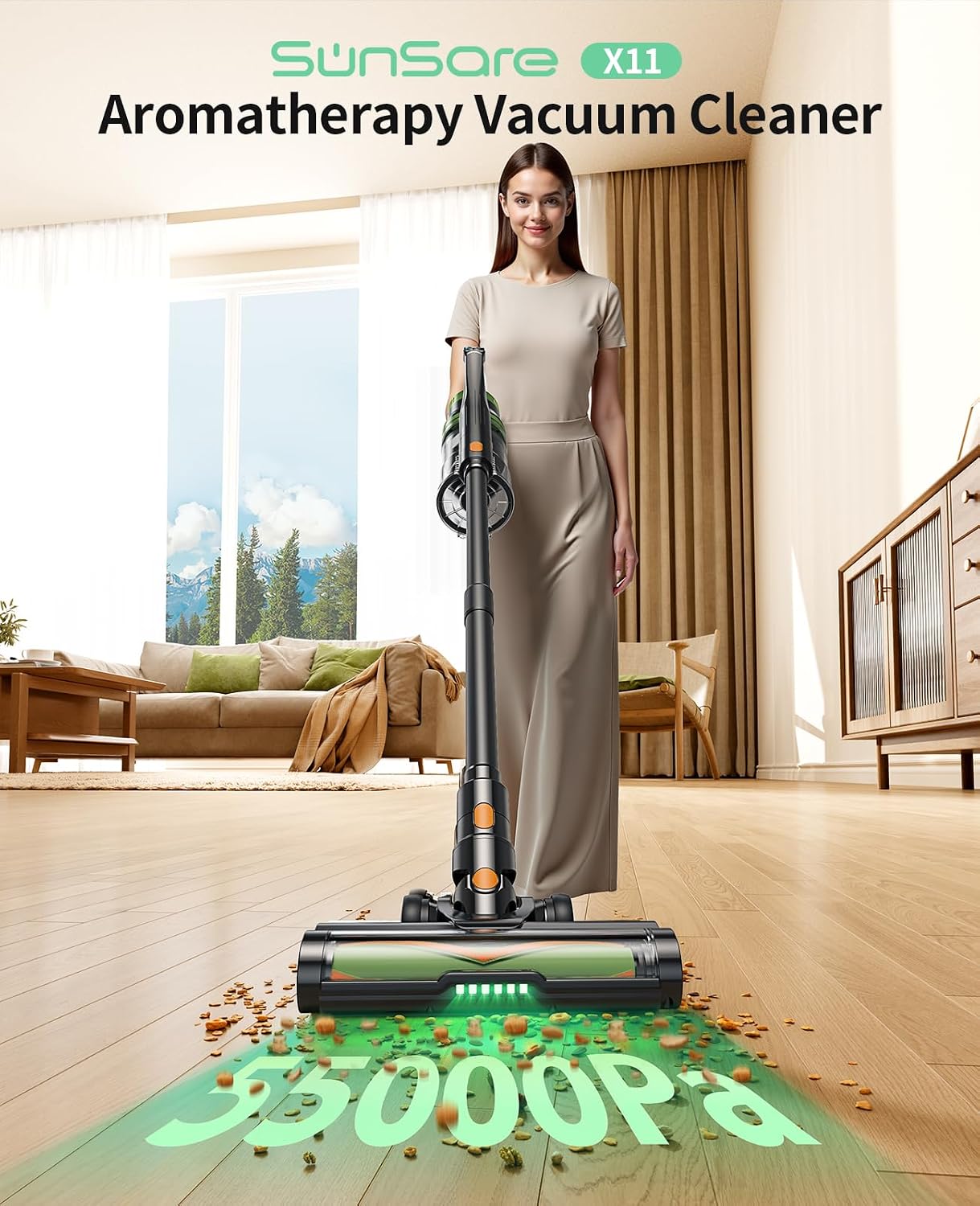 SunSare Cordless Vacuum Cleaner, 55KPa 650W 70Mins Vacuum Cleaner for Home, V-Anti-Tangle Stick Vacuum with Scented Tablet, Upgraded dust Emptying Cup, Vacuum Cordless for Pet Hair/Carpet/Floors