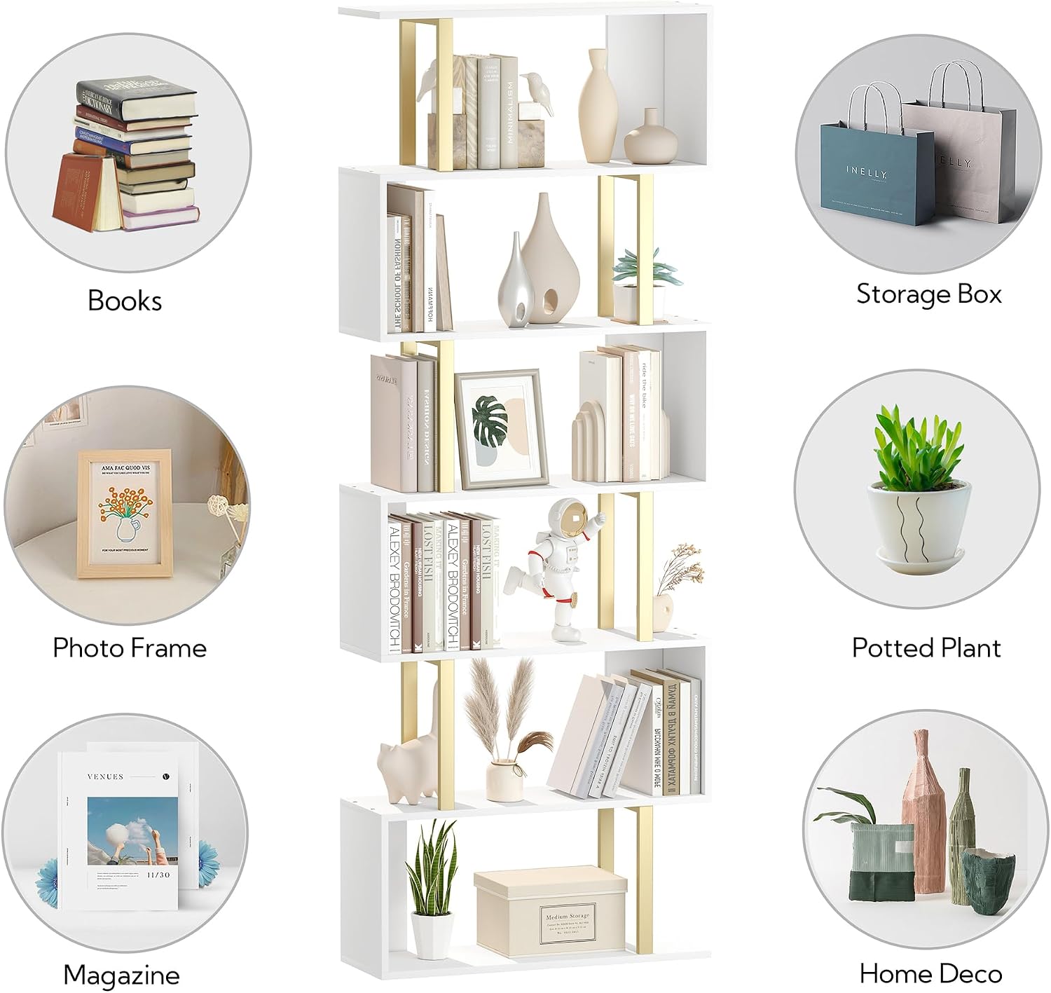 Yusong Geometric Bookcase, S Shaped Bookshelf 6-Tier Book Shelves for Bedroom, Modern Wood Decorative Display Shelf Tall Book Case for Home Office, Gold and White