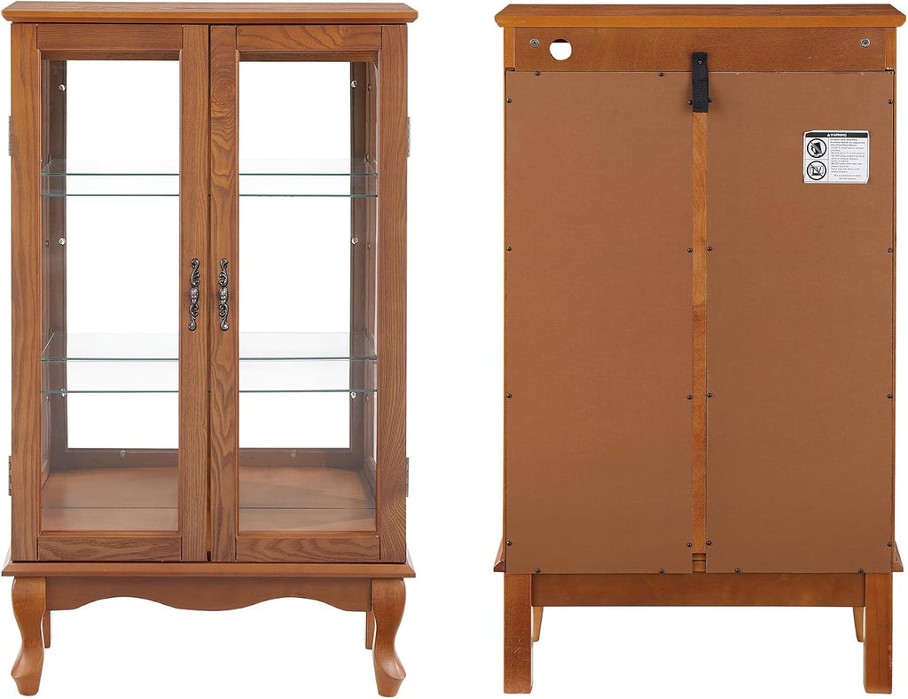 43' H Lighted Display Curio Cabinet, 3-Tier Glass Accent Storage Cabinet Curio Showcase w/ 2 Doors & Adjustable Shelves, Wine Artwork Storage Rack w/Mirrored Back Panel for Living Room (Oak)