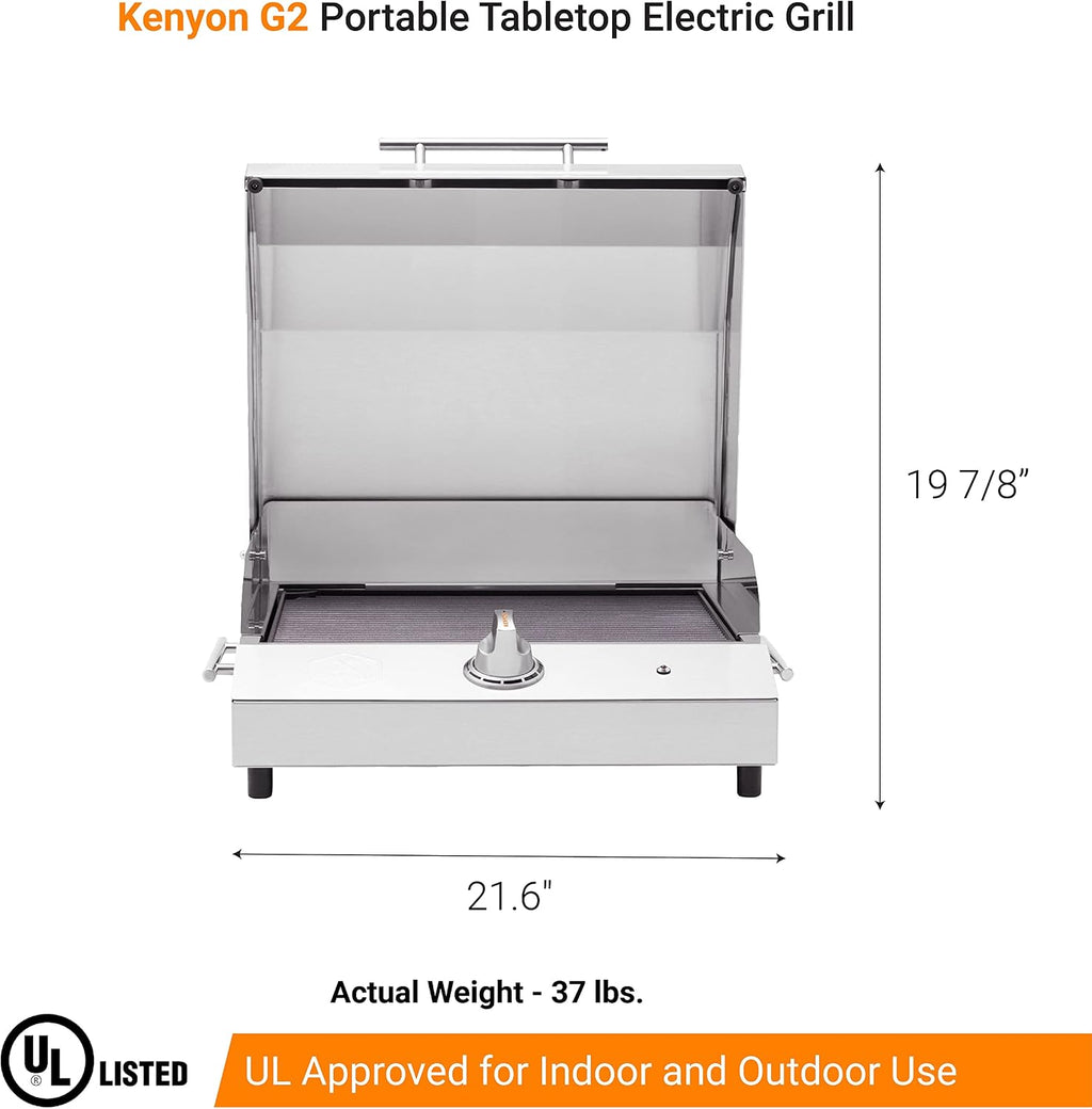 Kenyon G2 Portable Tabletop Electric Grill, 1440W Single Burner, Stainless Steel Body, Cast Aluminum Grate, UL Approved Grill For Indoor And Outdoor Use, Removable Lid, Dishwasher Safe, 120Volts