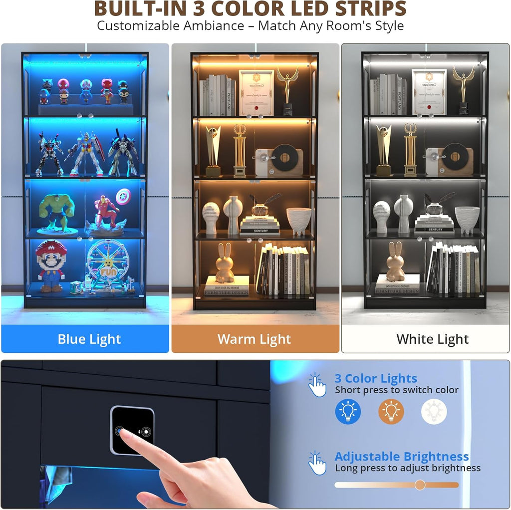 VOWNER 65'' Display Cabinet with Glass Door, 4-Tier Curio Cabinet for Collectibles Trophy, Glass Display Case with Human Body Sensor, 3 Color Lights, Bookcase Storage Cabinets for Living Room, Study