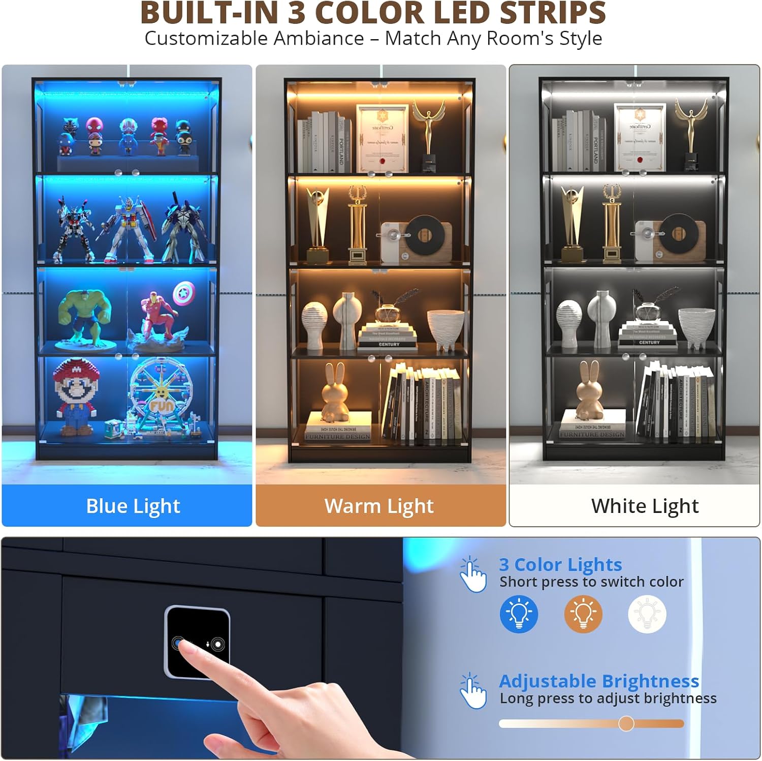VOWNER 65'' Display Cabinet with Glass Door, 4-Tier Curio Cabinet for Collectibles Trophy, Glass Display Case with Human Body Sensor, 3 Color Lights, Bookcase Storage Cabinets for Living Room, Study