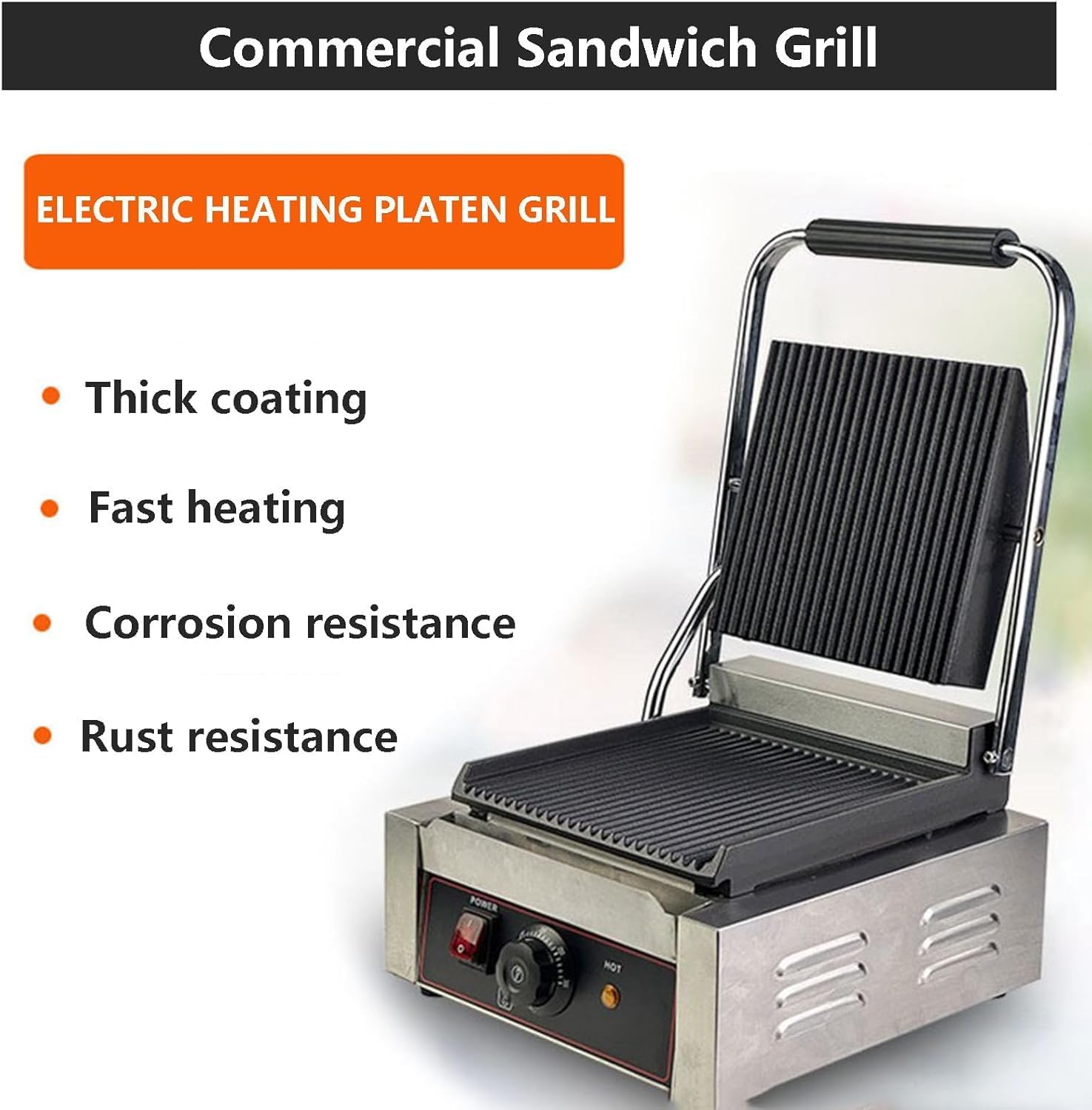 Commercial Sandwich Grill with 1/Fish Scaler & 1/Corkscrew, Electric Sandwich Contact Grill Non-Stick Sandwich Press with 50-300℃ Temperature for Restaurant 1800w(Smooth)