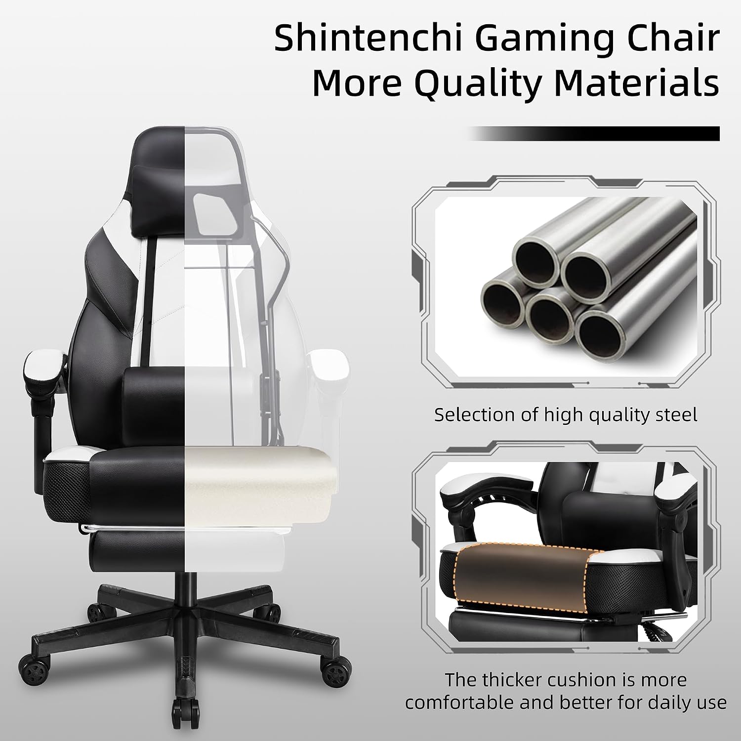 Shintenchi Gaming Chair,Video Game Chair with footrest and Massage Lumbar Support,Height Adjustable Game Chair with 360°Swivel Seat Ergonomic Computer Chair with Headrest for Office or Gaming(White)