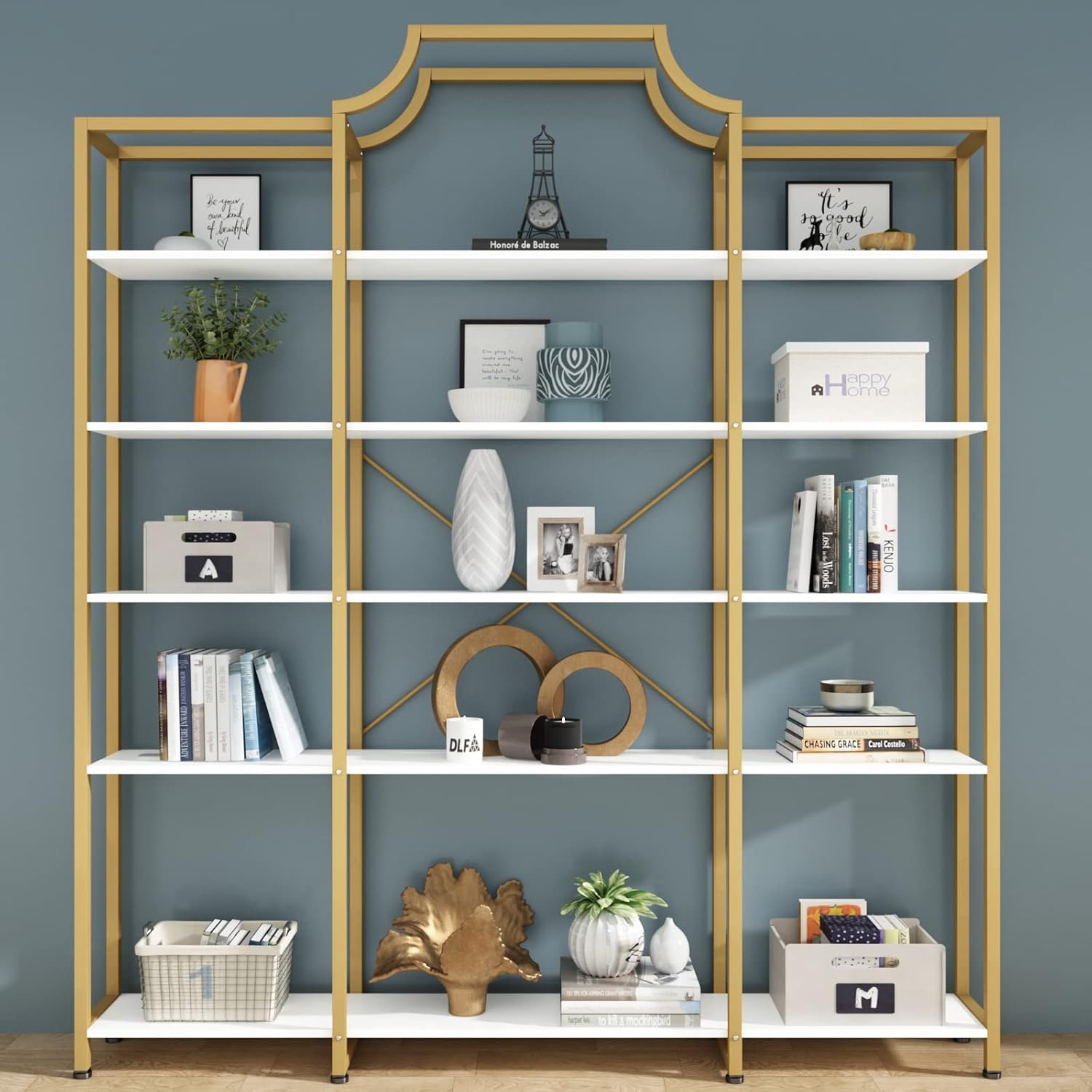 Auromie Triple Wide 5-Tier Bookshelf, 70.87' L x 79.13' H Extra Large Gold Bookcase, Tall Display Shelf with Metal Frame, Freestanding Etagere Storage Display Shelf for Home Office, White Gold