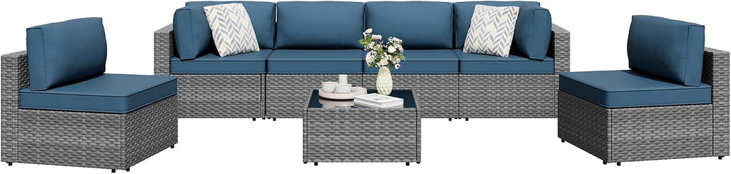 Shintenchi 7 Pieces Outdoor Patio Furniture Sets, Patio Sectional Sofa Couch, Gray PE Wicker Furniture Modular Patio Conversation Sets Patio Sofa with Washable Cushions, Aegean Blue