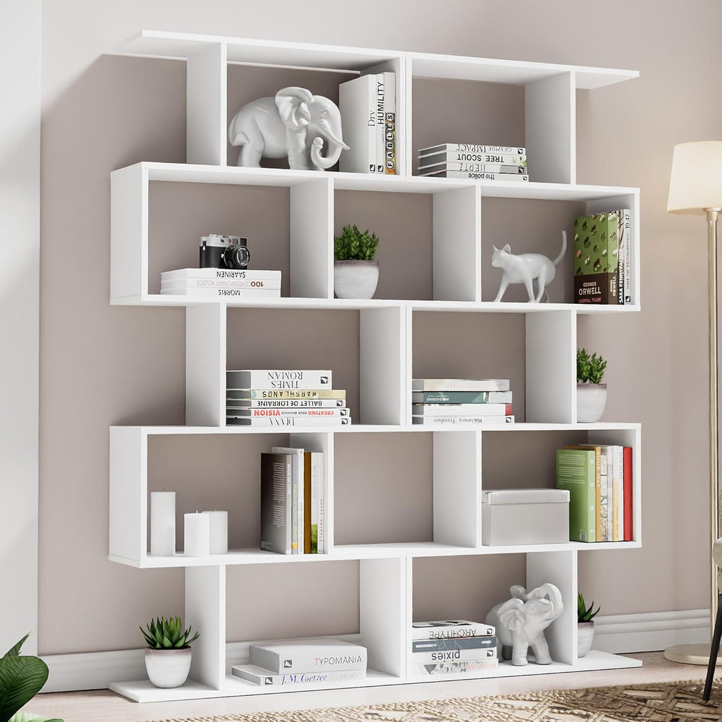 Cozy Castle Set of 2 Geometric Bookcase, S-Shaped Modern Bookshelf, Room Divider Bookshelf, 62' Tall Unique Abstract Bookcase with 5-Tier Display Shelf for Living Room Office, White