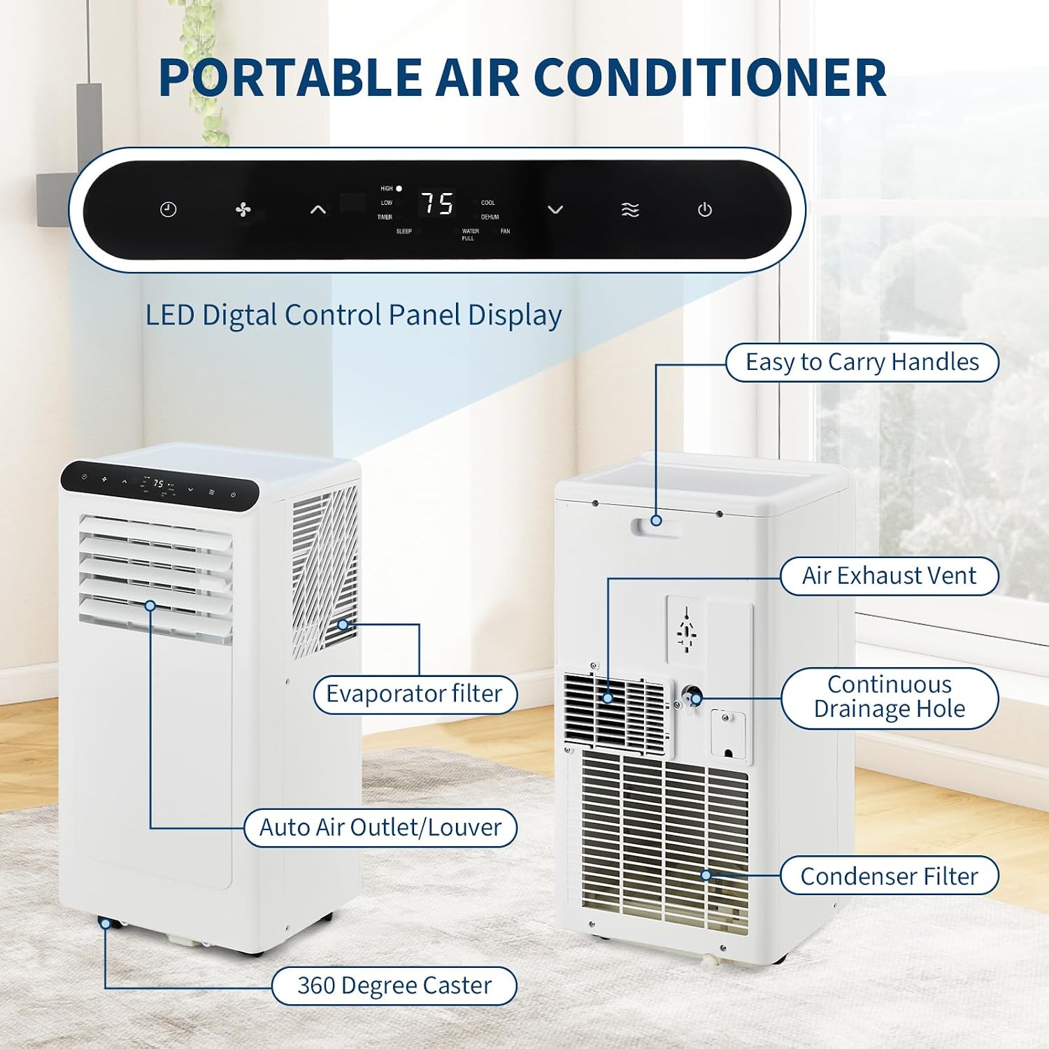 8,000 BTU Portable Air Conditioners, 3-in-1 Modes Up to Small Room, Portable AC Unit with Cooling, Fan, Dehumidifier, 24H Timer, Remote & Easy Window Installation Kit, White, for Bedroom,.