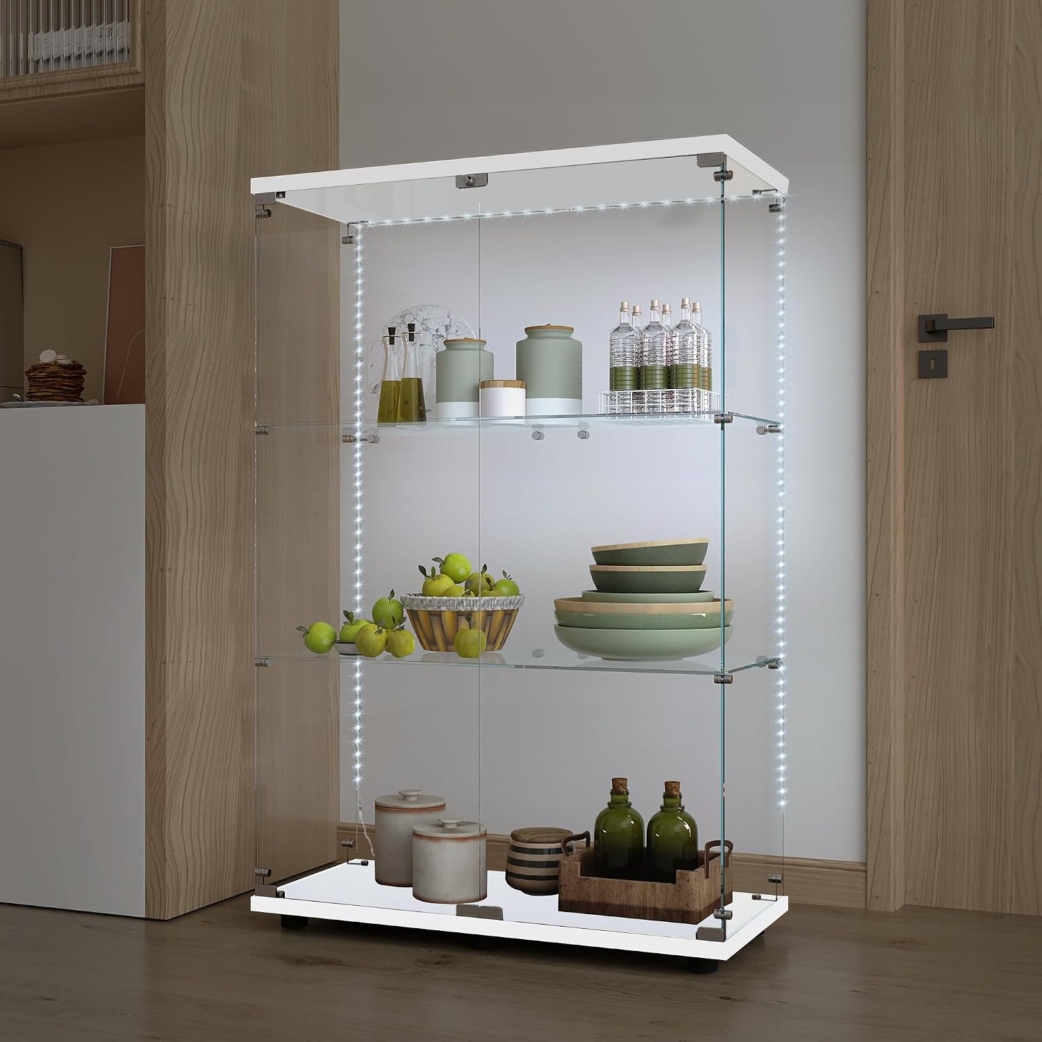 Glass Display Cabinet with LED Lights Elegant Double Doors 3 Shelves Glass Curio Cabinet with Lock 49.3' High Glass Curio Display Cabinet Showcase for Living Room,Bedroom,White