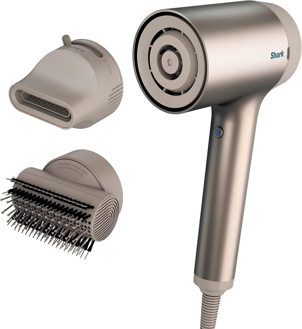 Shark HD112BRN Hair Blow Dryer HyperAIR Ionic Hair Dryer with 2-in-1 Concentrator and Styling Attachments, Auto Presets, Rotatable Hot Air Brush, No Heat Damage, Ionic, Stone