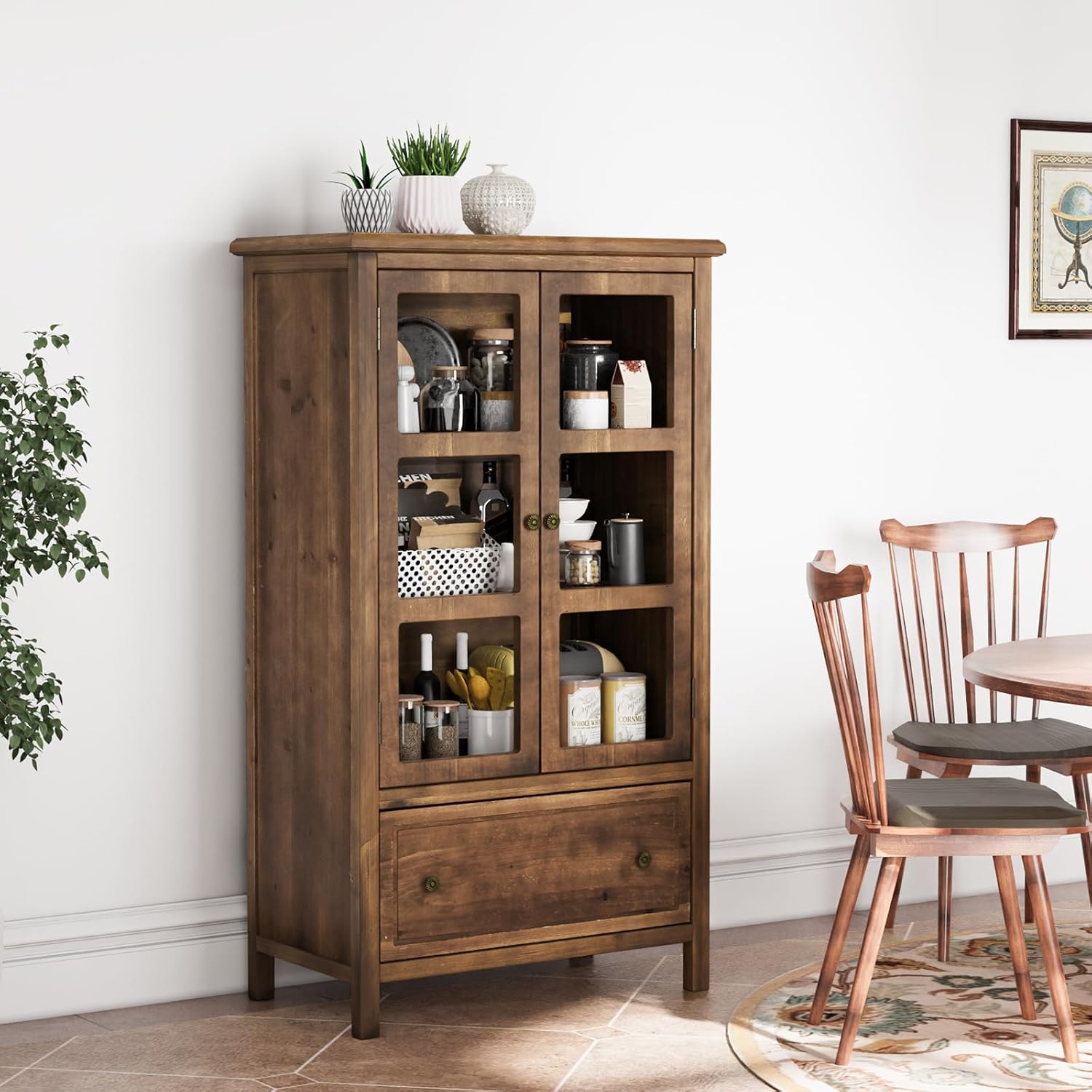 VINGLI Rustic Storage Cabinet with Glass Doors & Drawer, Solid Wood Leg, Walnut Finish Showcase