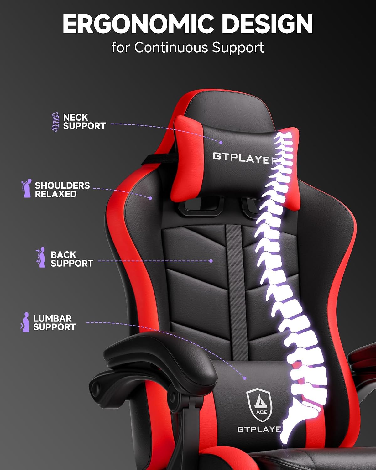 GTPLAYER Gaming Chair for Adults, Ergonomic Computer Gaming Chair with Footrest, Height Adjustable, 90-155° Recline & Removable Headrest Lumbar Support, Black&Red
